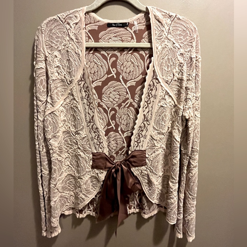 Lacey sweater like textured knit cover up with ribbon closure rayon petite M